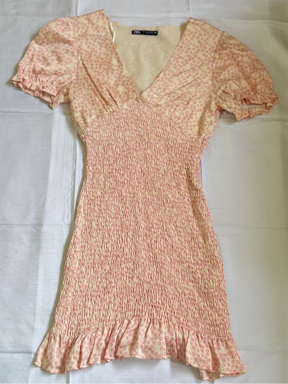 Zara Pink and Cream Floral Smocked Mini Dress